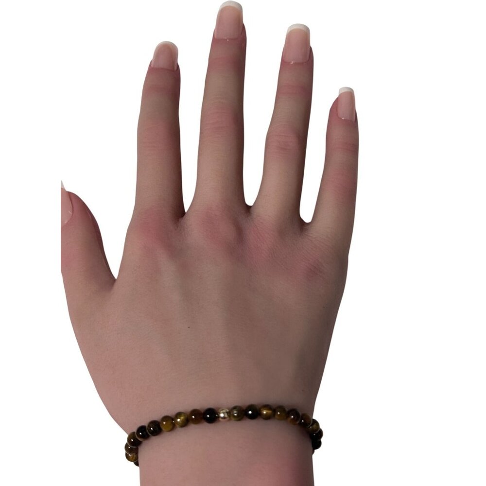 Tiger's Eye Gemstone Beaded Stretch Bracelet with 14K Gold Accent Bead Handmade - Picture 6 of 6